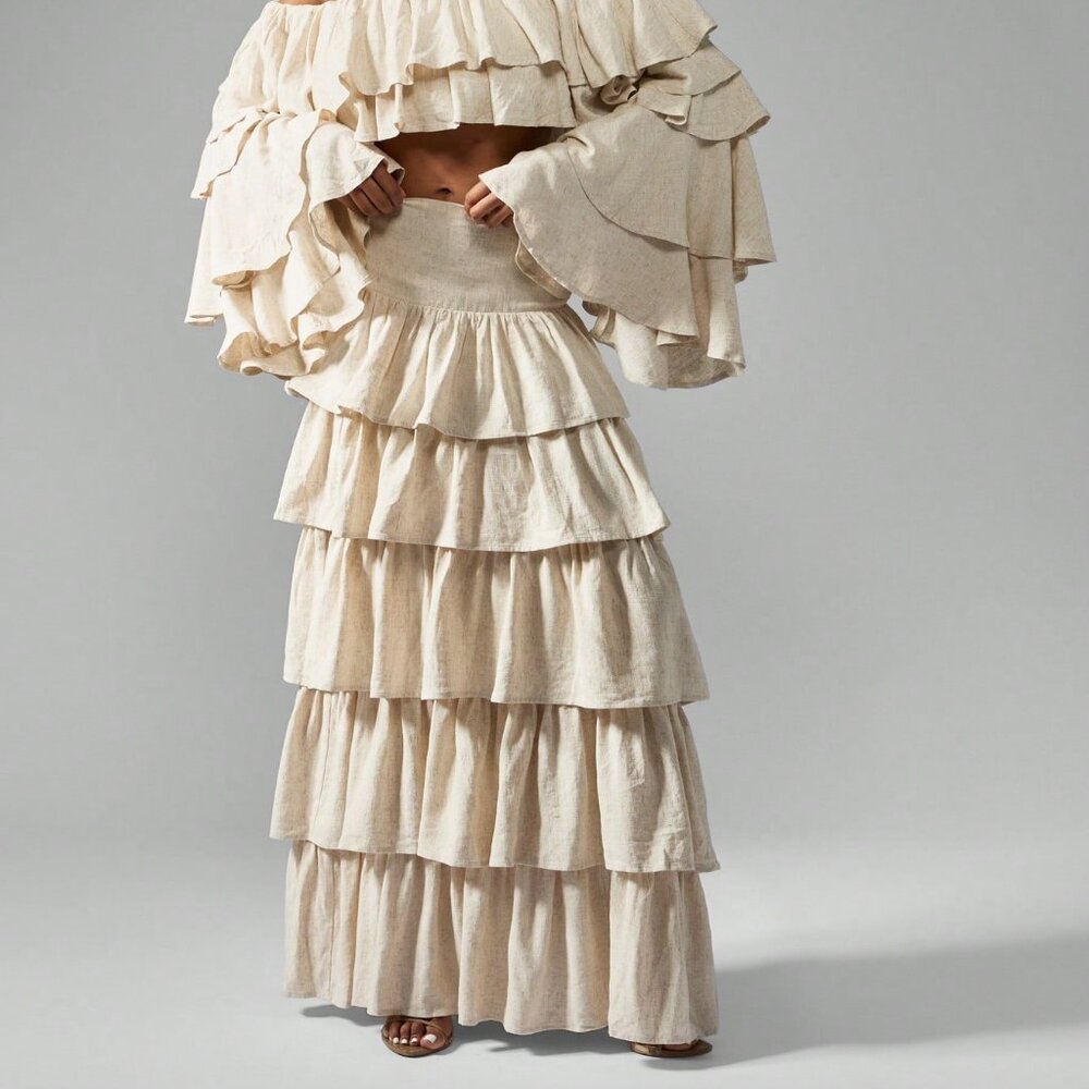 Apricot Boho Women's High Waisted Tiered Ruffle Linen Maxi Skirt